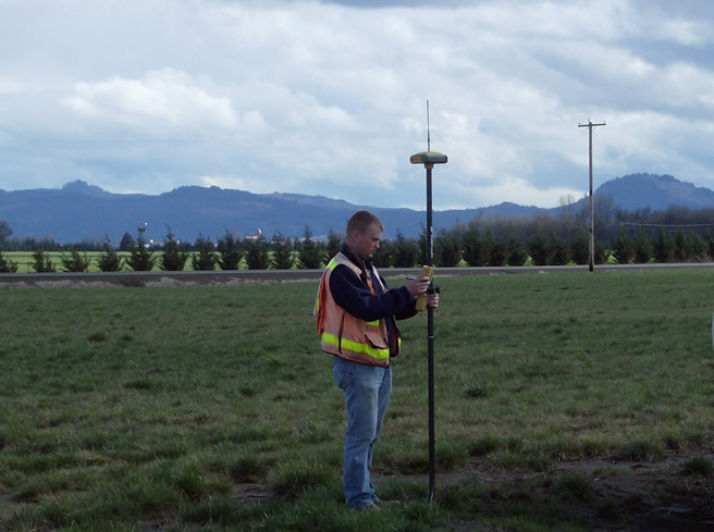 Surveying with our Top Con GPS instrument at National Frozen Foods, Albany, OR